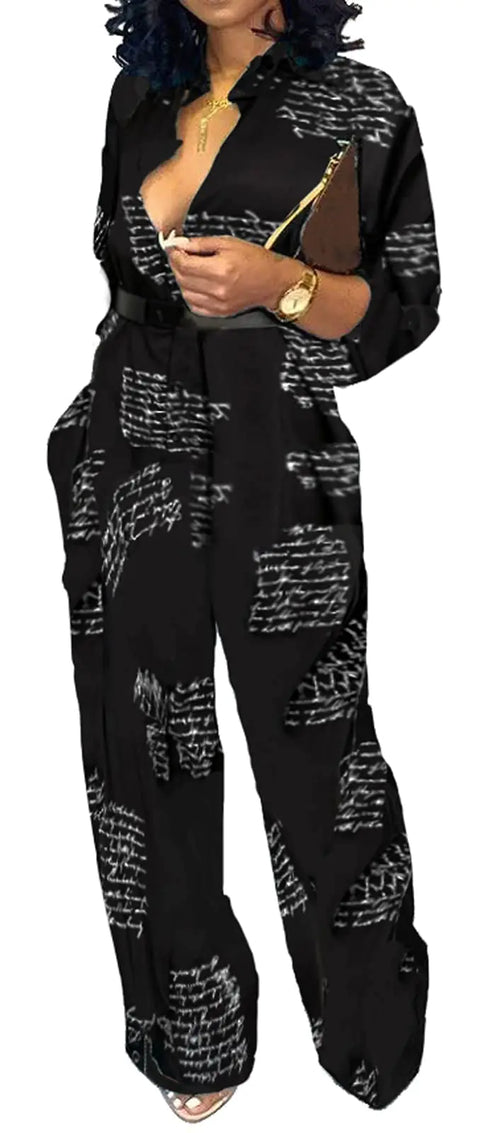 CuteCherry Jumpsuits For Women Elegant V Neck Long Sleeve Sexy Black Letter Printing Straight Long Pants Rompers With Pockets
